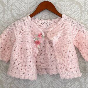 Handmade crochet/knit girls pink cardigan/jacket rose/floral detail 2T